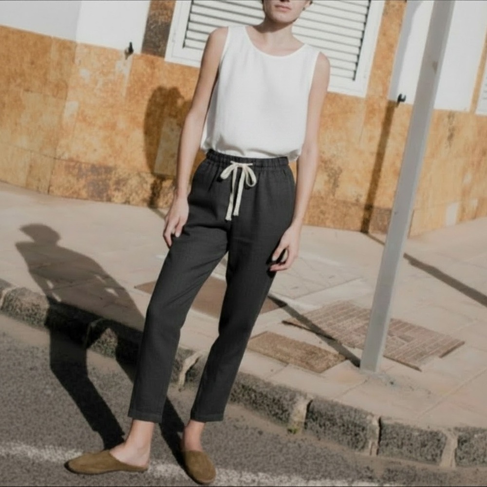 NotPerfectLinen | Athens Drawstring Pants XS Grey Tapered Trousers Quiet Luxury